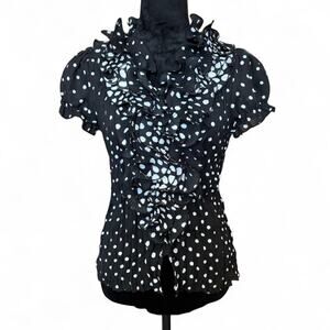 Jaipur Black White Polka Dot Ruffle Sheer Blouse Top S Retro Coquette